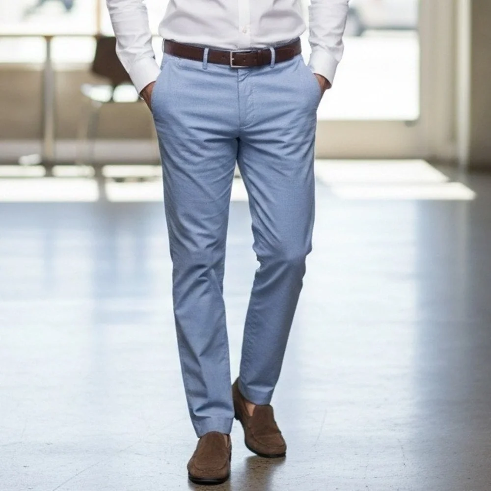 J Crew Mens Bowery Chambray Chino Pants 38x32‎ Blue Cotton Classic Fit Preppy